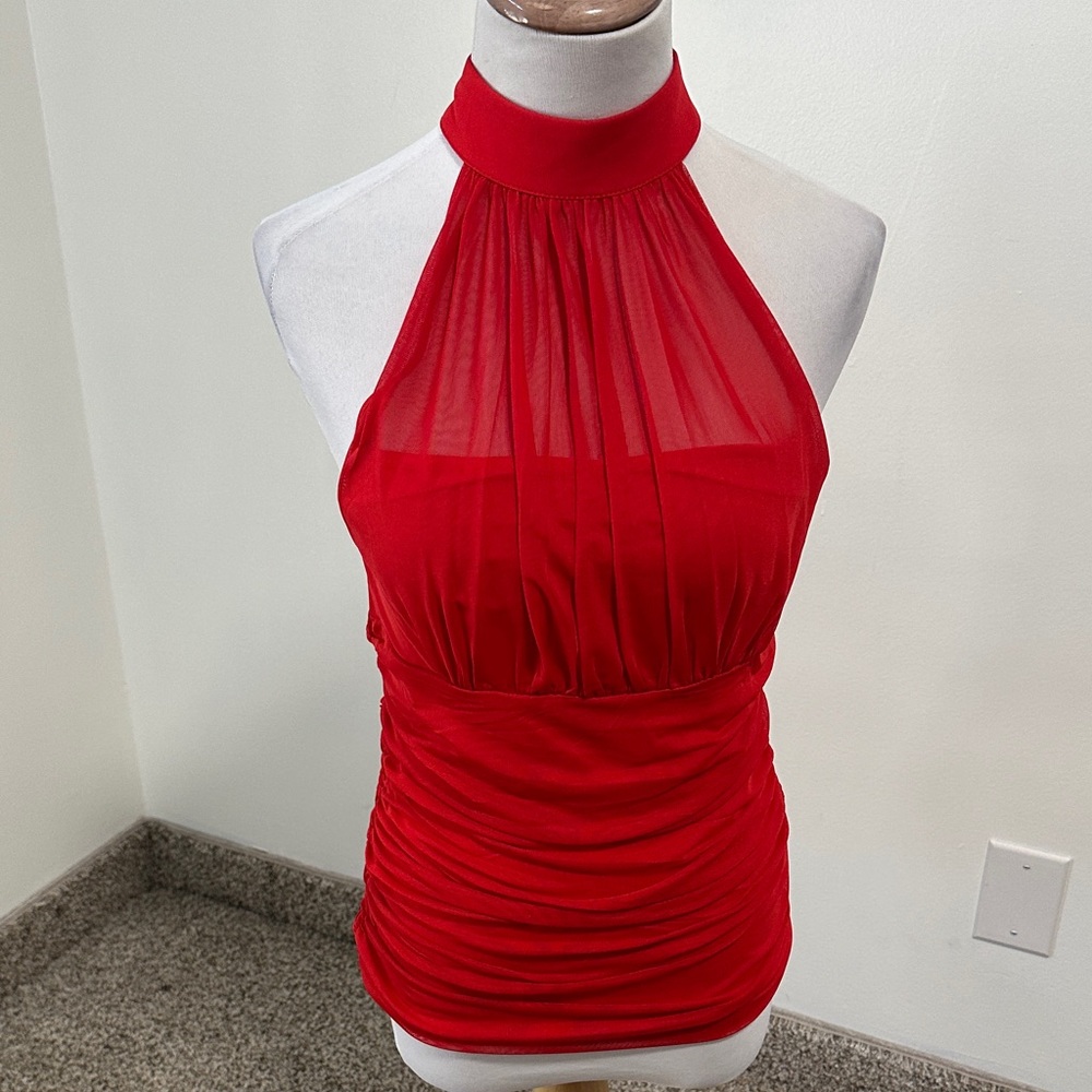VENUS Red Halter Neck Sheer Bodice Ruched Tank